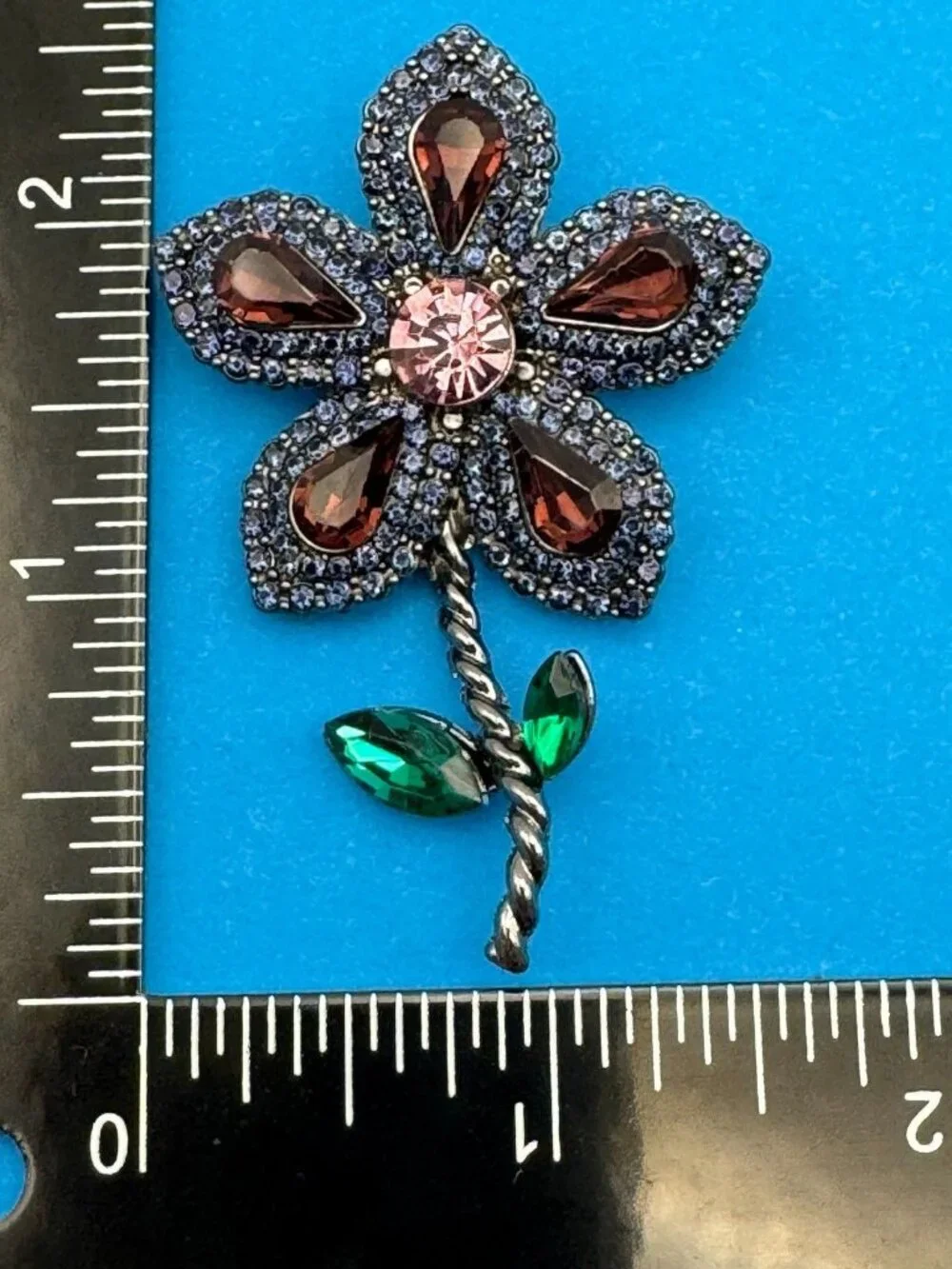 Rhinestone Flower Brooch Pin Dark Red Pink Green Blue Stones Silver Tone Costume